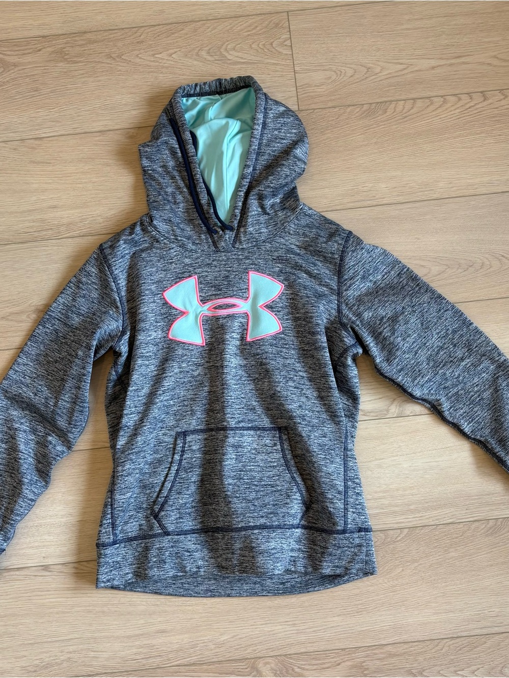 Under Armour Women’s Heather Gray Hoodie with Light Blue & Pink Logo
